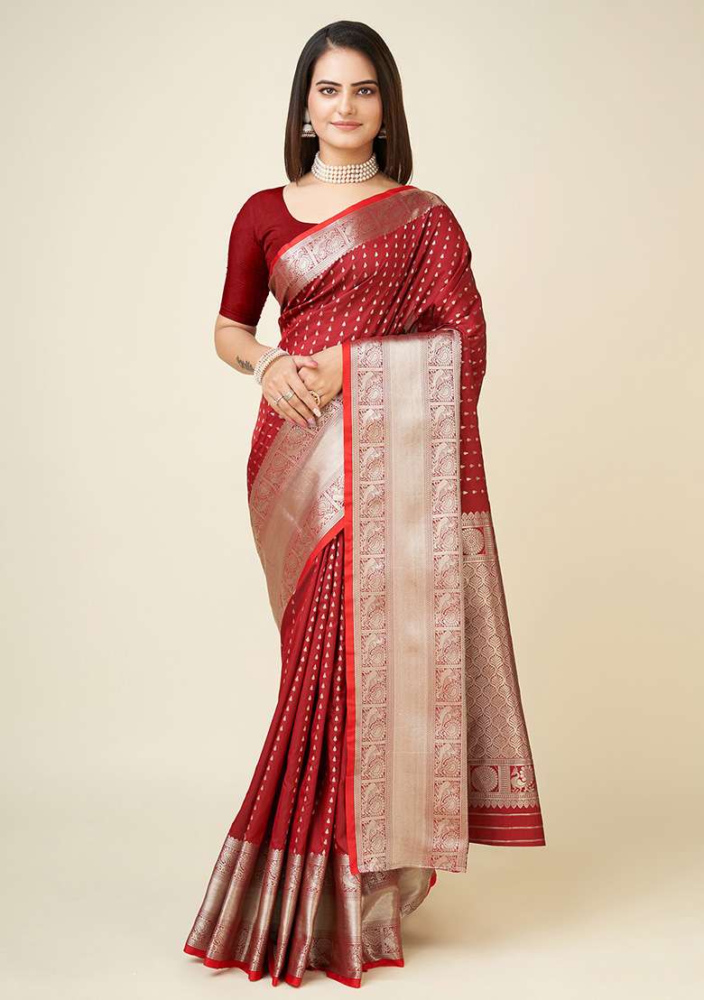 Red Silk Blend Saree Set with Embroidered for Diwali | Wedding & Festive Wear - Indya