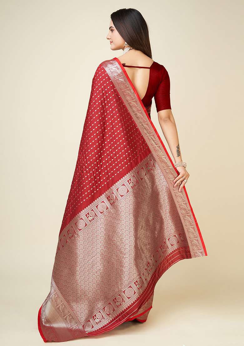 Red Silk Blend Saree Set with Embroidered for Diwali | Wedding & Festive Wear - Indya