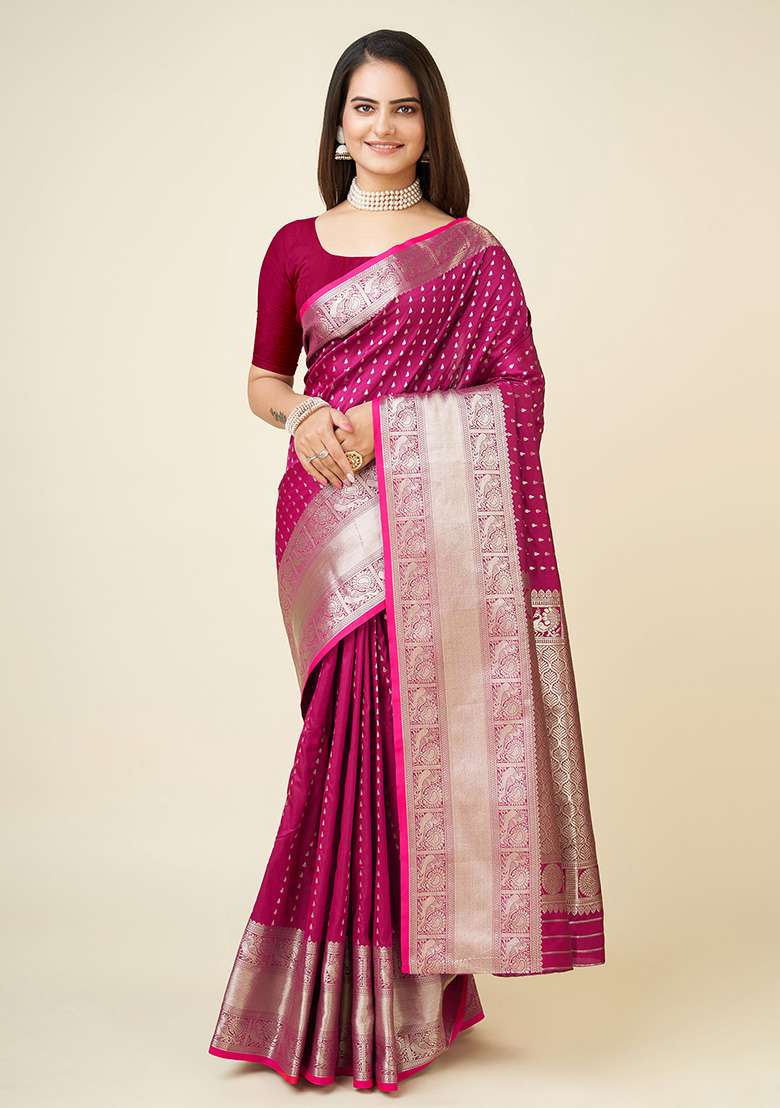 Rani Pink Silk Blend Saree Set with Embroidered for Diwali | Wedding & Festive Wear - Indya