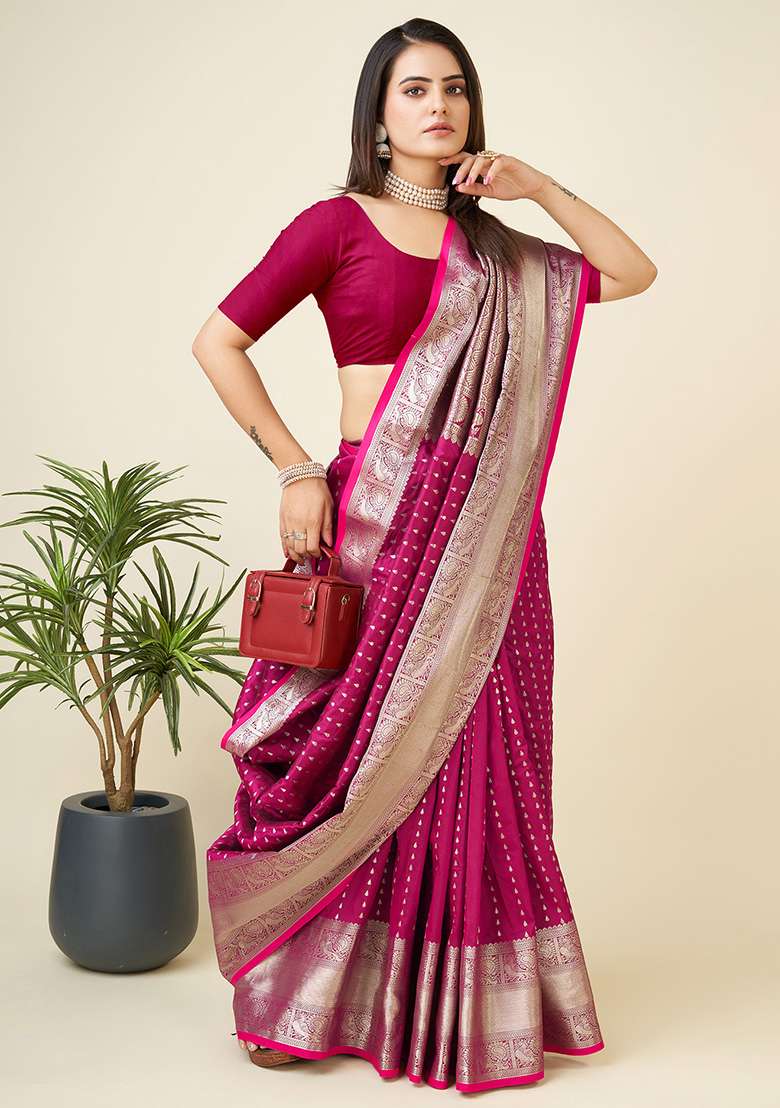 Rani Pink Silk Blend Saree Set with Embroidered for Diwali | Wedding & Festive Wear - Indya