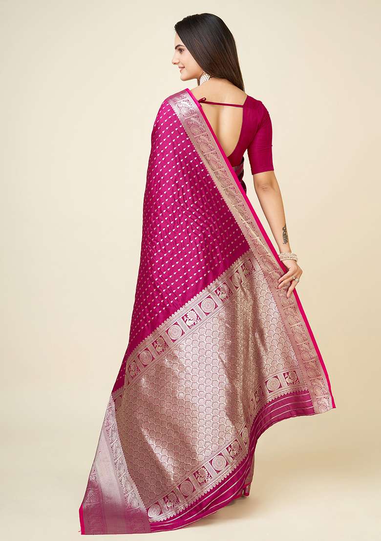 Rani Pink Silk Blend Saree Set with Embroidered for Diwali | Wedding & Festive Wear - Indya