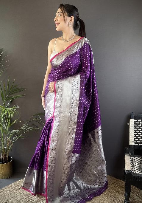 Purple Embroidered Silk Saree Set