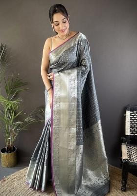 Grey Embroidered Silk Saree Set