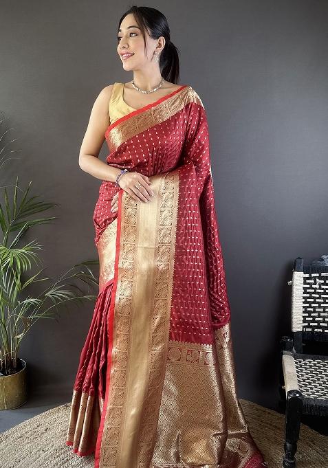 Brick Red Embroidered Silk Saree Set