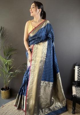 Navy Blue Embroidered Silk Saree Set