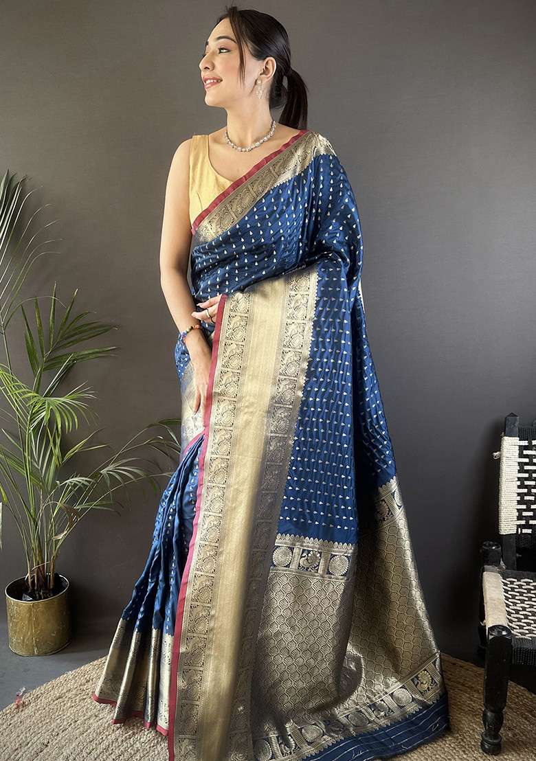 Navy Blue Silk Blend Saree Set with Embroidered for Diwali | Wedding & Festive Wear - Indya