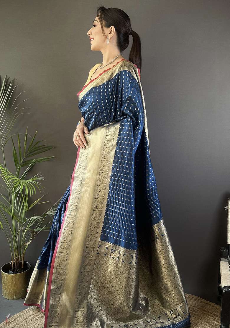 Navy Blue Silk Blend Saree Set with Embroidered for Diwali | Wedding & Festive Wear - Indya