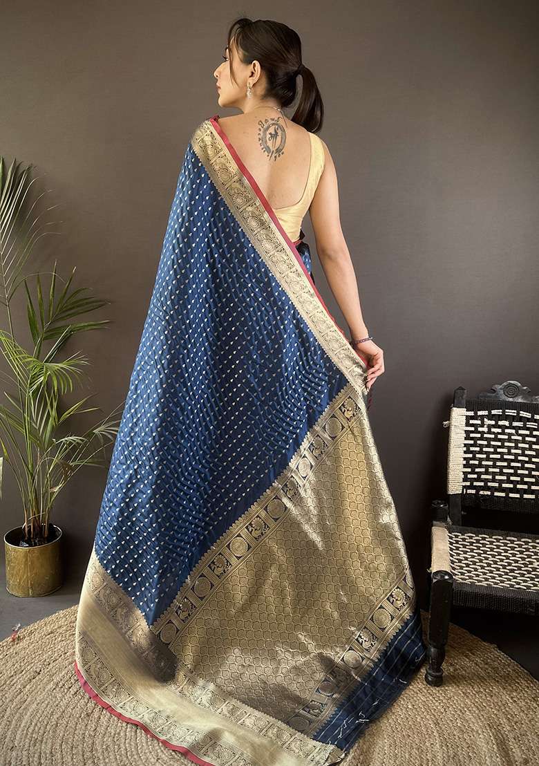 Navy Blue Silk Blend Saree Set with Embroidered for Diwali | Wedding & Festive Wear - Indya