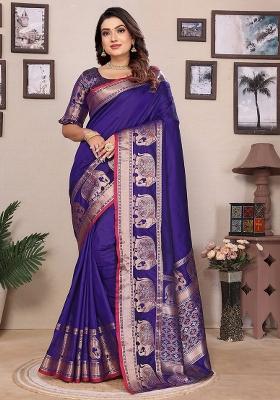 Royal Blue Embroidered Silk Saree Set