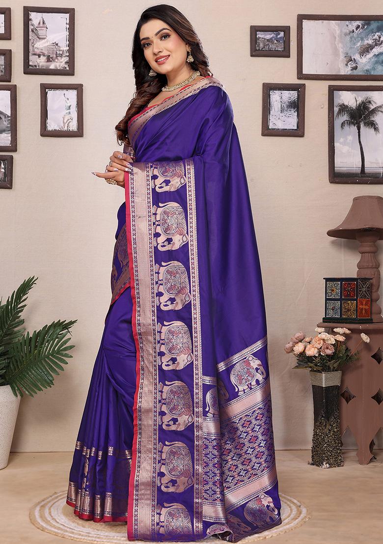 Royal Blue Embroidered Silk Saree Set