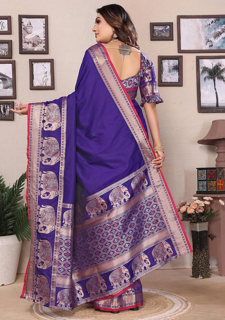 Royal Blue Embroidered Silk Saree Set