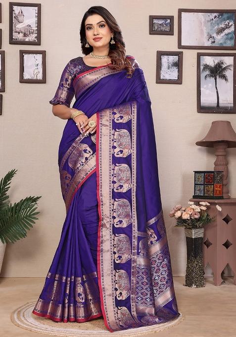 Royal Blue Embroidered Silk Saree Set