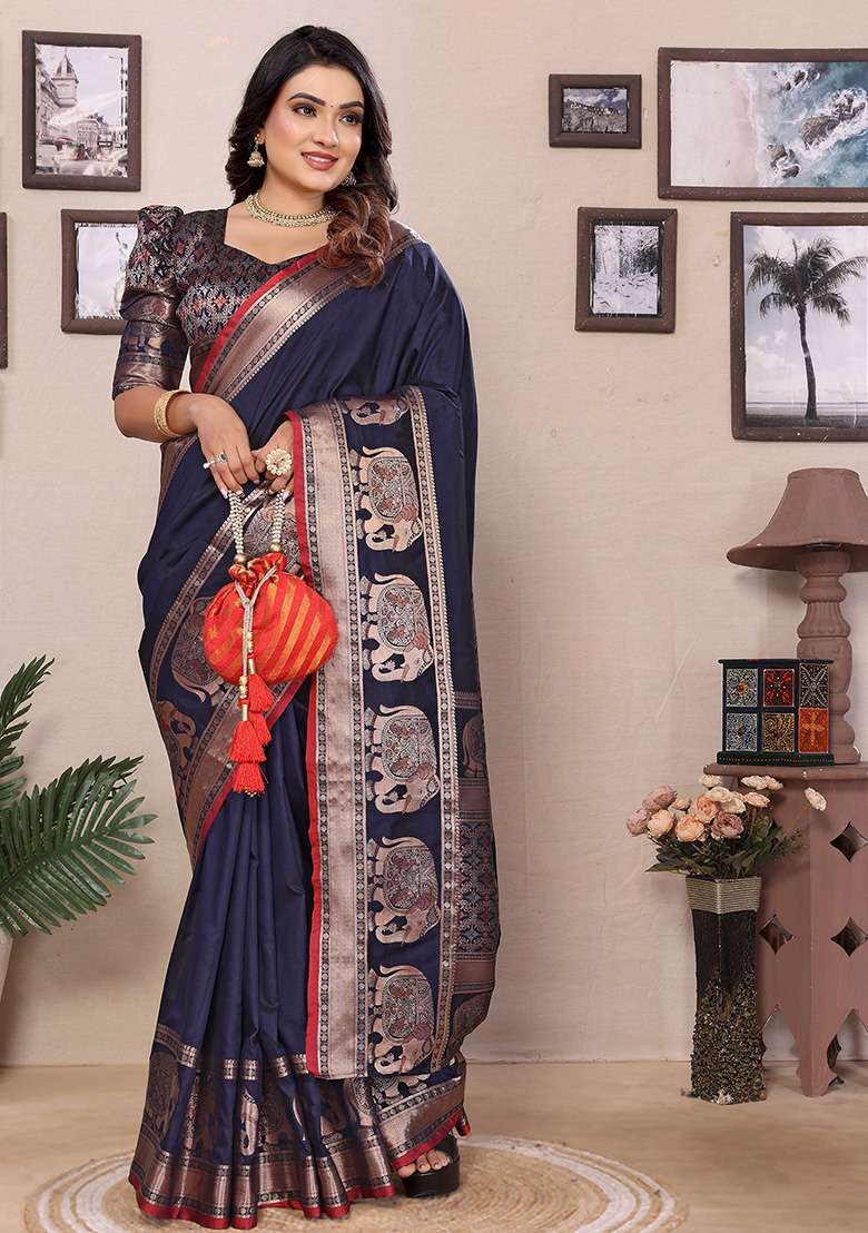 Dark Blue Silk Blend Saree Set with Embroidered for Diwali | Wedding & Festive Wear - Indya