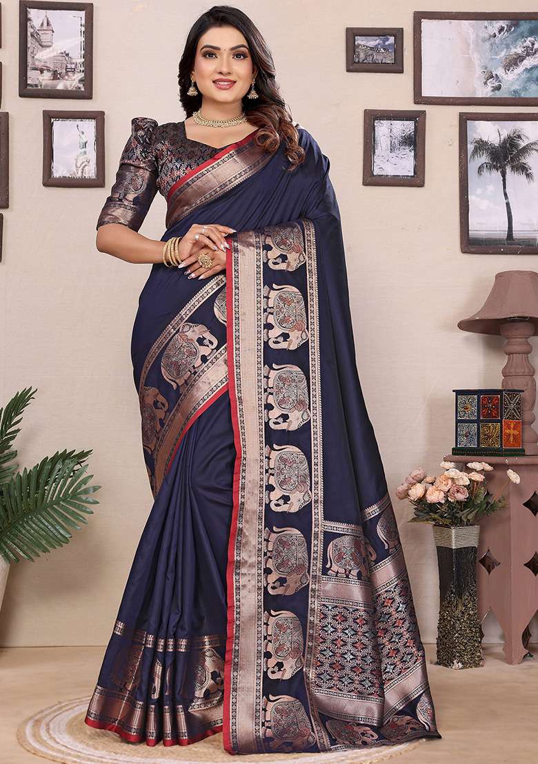 Dark Blue Silk Blend Saree Set with Embroidered for Diwali | Wedding & Festive Wear - Indya
