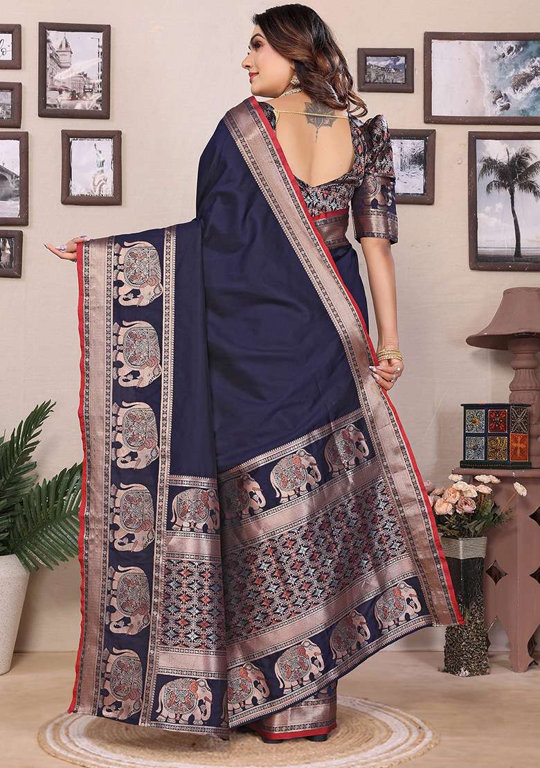 Dark Blue Silk Blend Saree Set with Embroidered for Diwali | Wedding & Festive Wear - Indya
