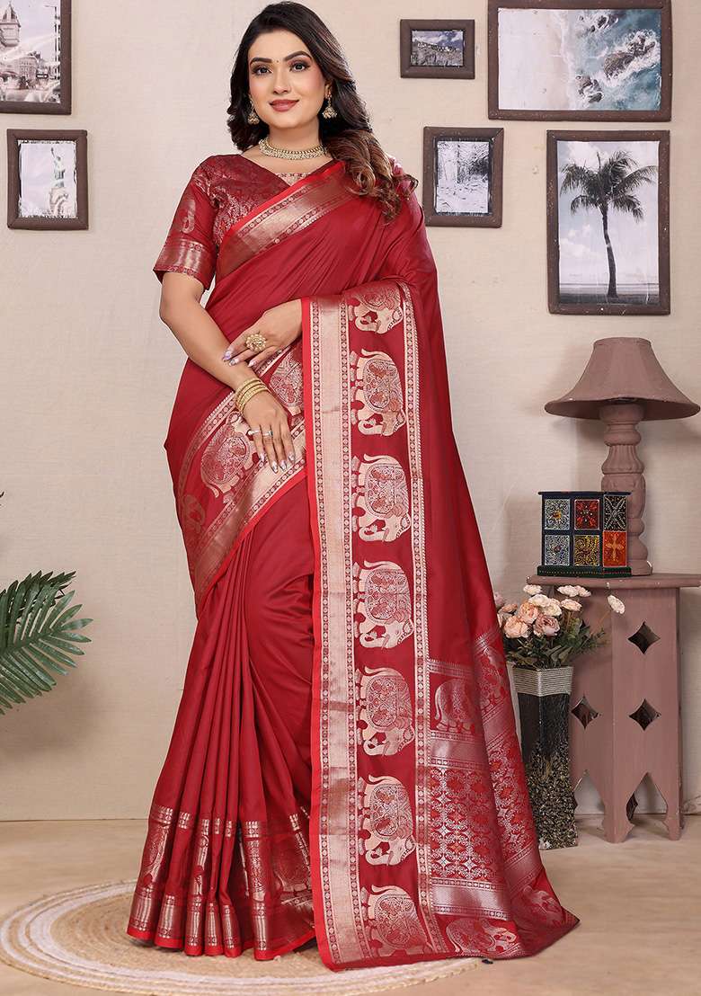Red Embroidered Silk Saree Set - Indya