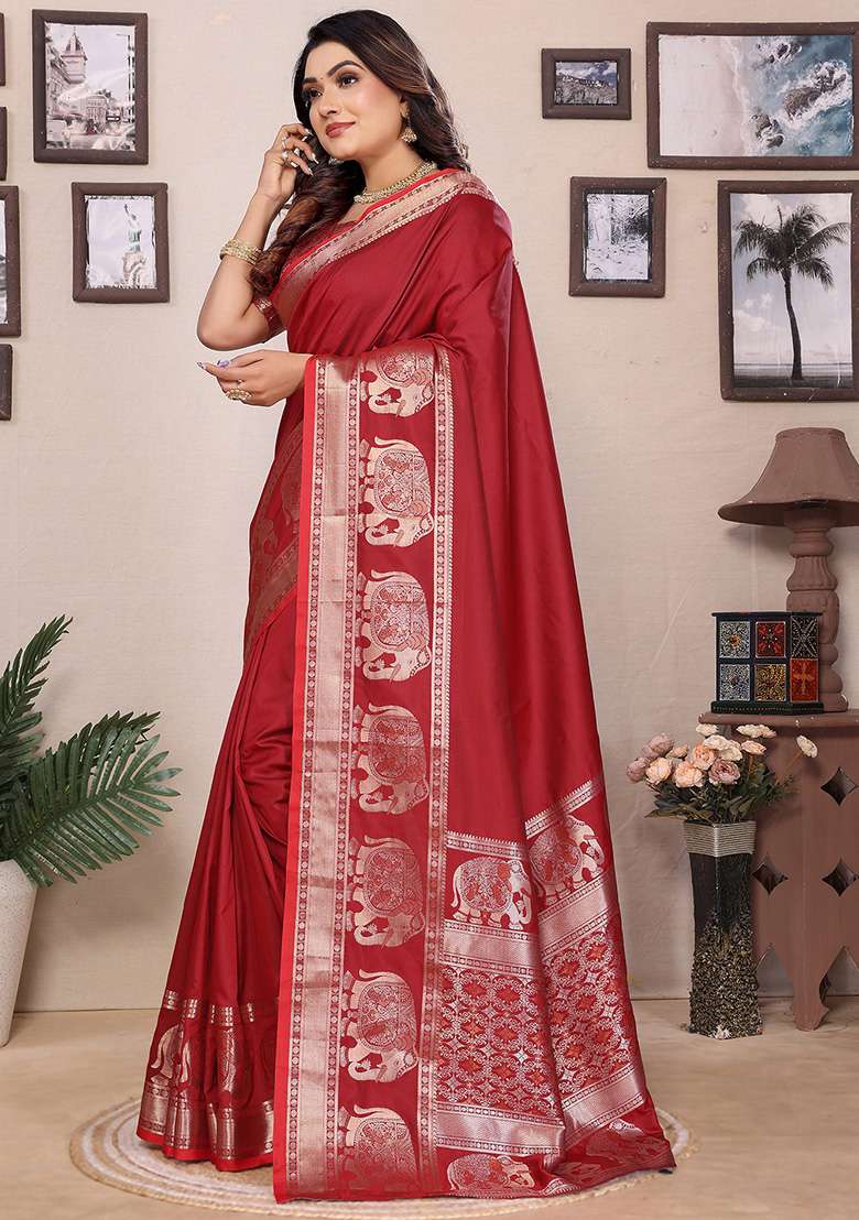 Red Embroidered Silk Saree Set - Indya
