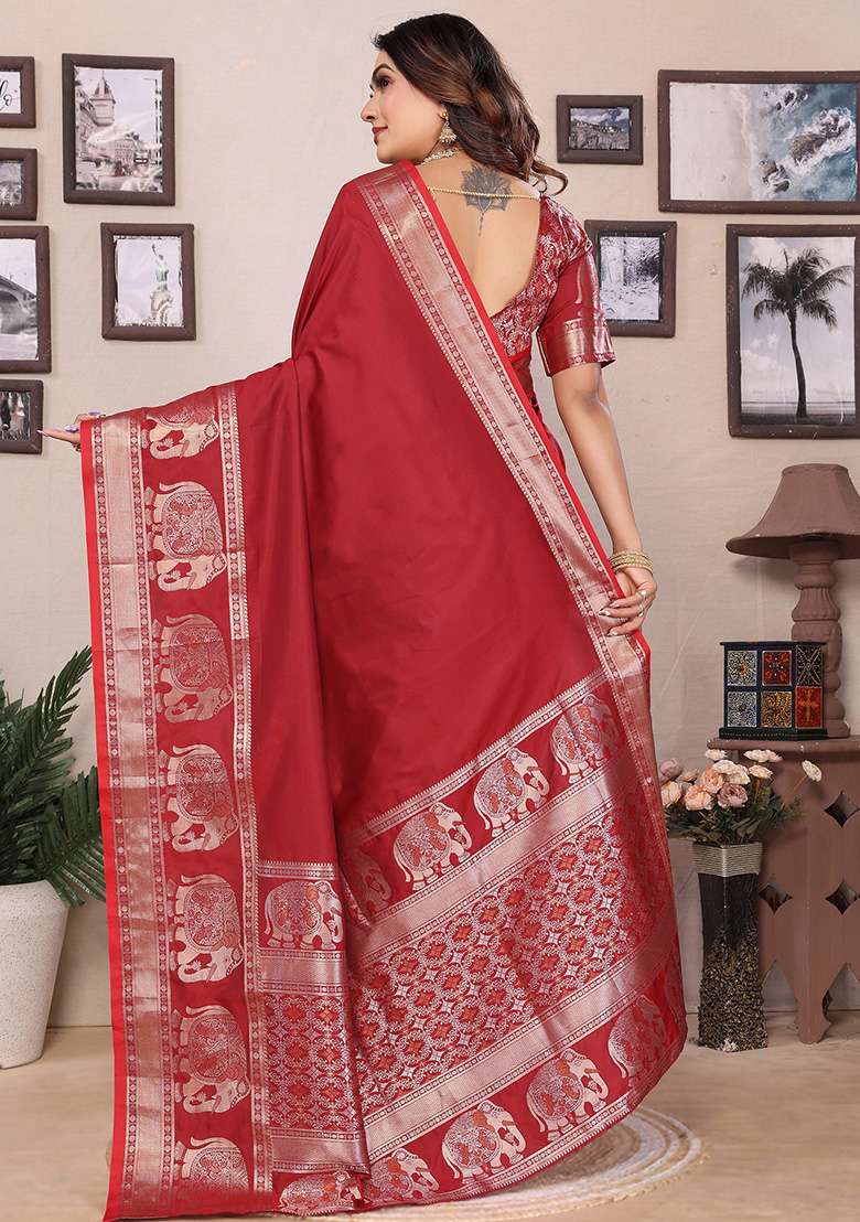 Red Embroidered Silk Saree Set - Indya