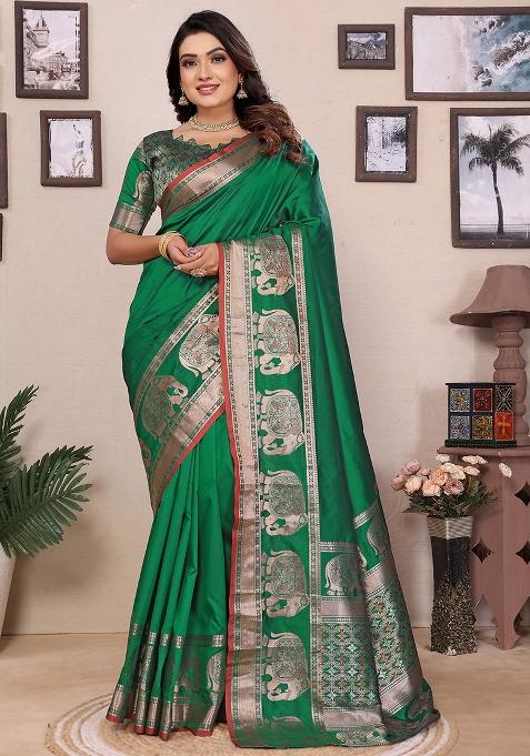Green Embroidered Silk Saree Set