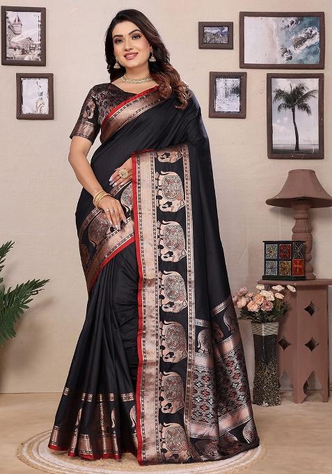 Black Embroidered Silk Saree Set