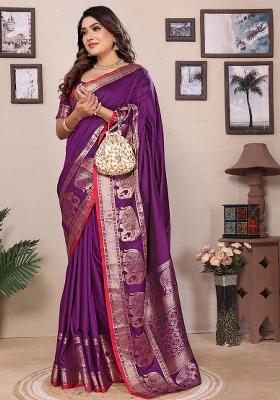 Purple Embroidered Silk Saree Set