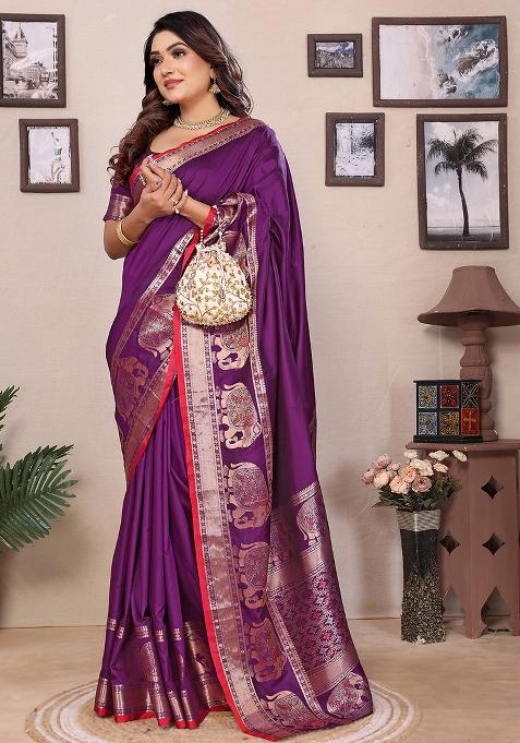 Purple Embroidered Silk Saree Set