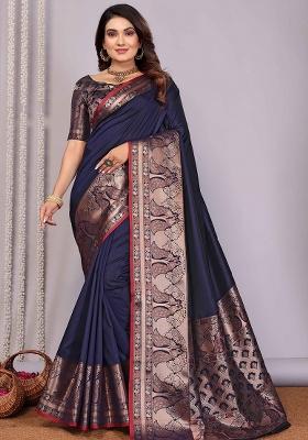 Navy Blue Woven Silk Saree Set
