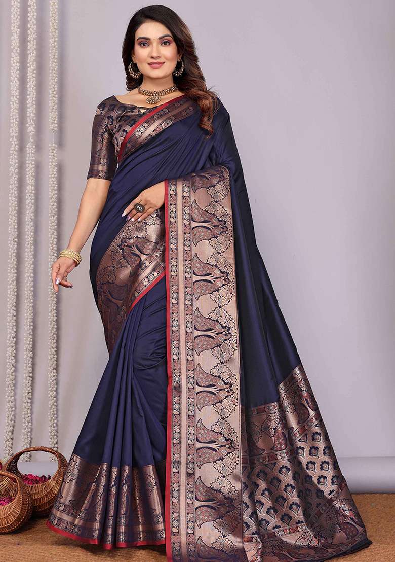 Navy Blue Woven Silk Blend Saree Set for Diwali and Festive Wear - Indya