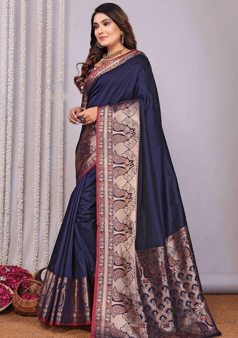 Navy Blue Woven Silk Blend Saree Set for Diwali and Festive Wear - Indya