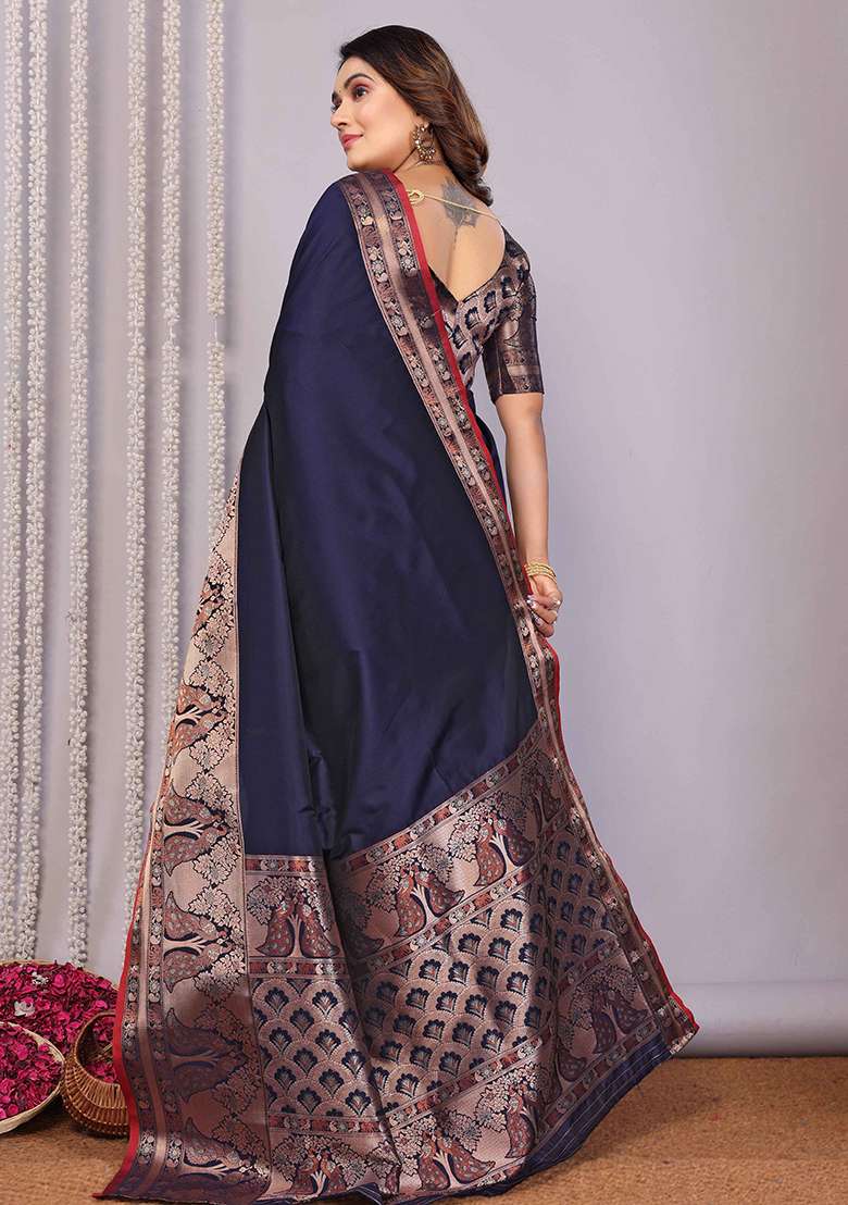 Navy Blue Woven Silk Blend Saree Set for Diwali and Festive Wear - Indya