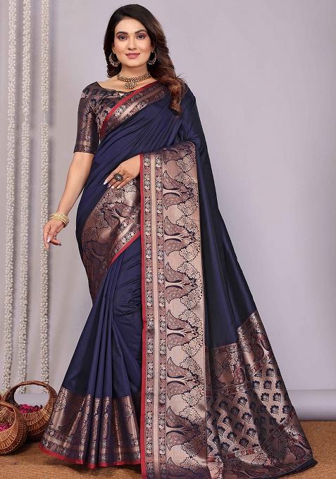 Navy Blue Woven Silk Saree Set