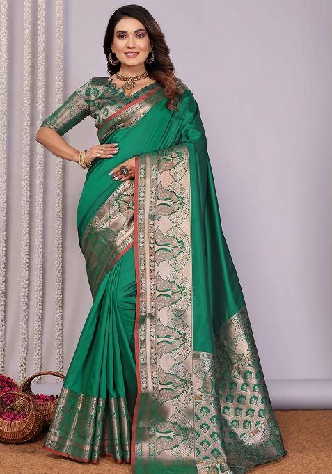 Green Woven Silk Saree Set