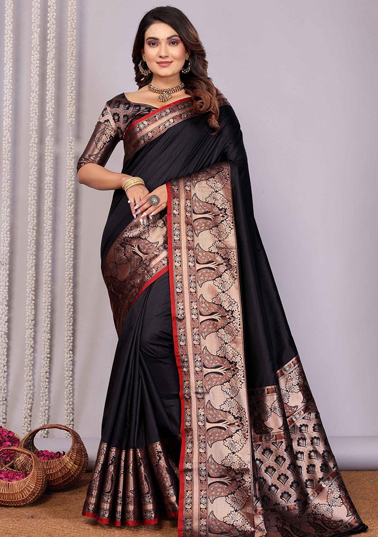 Black Woven Silk Saree Set - Indya