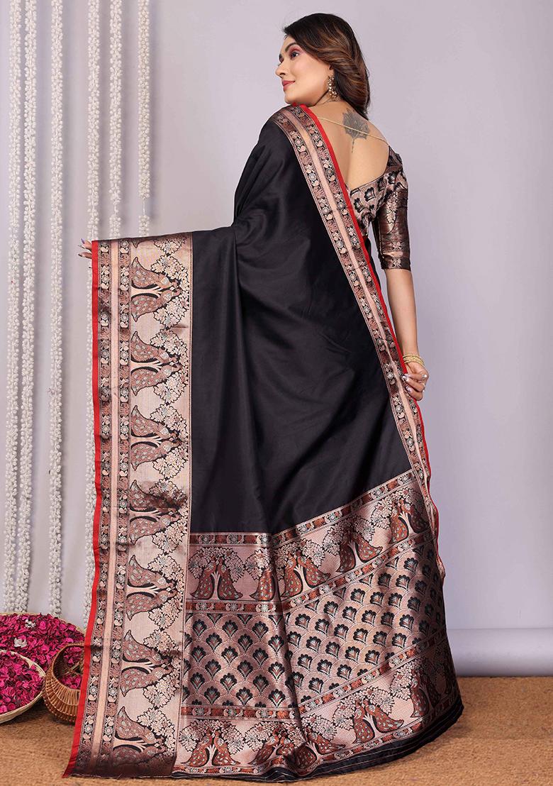 Black Woven Silk Saree Set - Indya