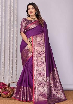 Magenta Woven Silk Saree Set