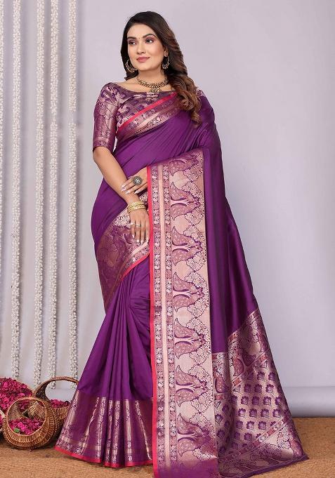 Magenta Woven Silk Saree Set