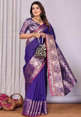 Purple Woven Silk Saree Set