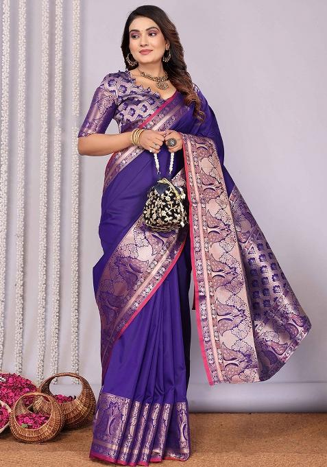 Purple Woven Silk Saree Set