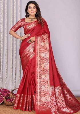 Red Woven Silk Saree Set
