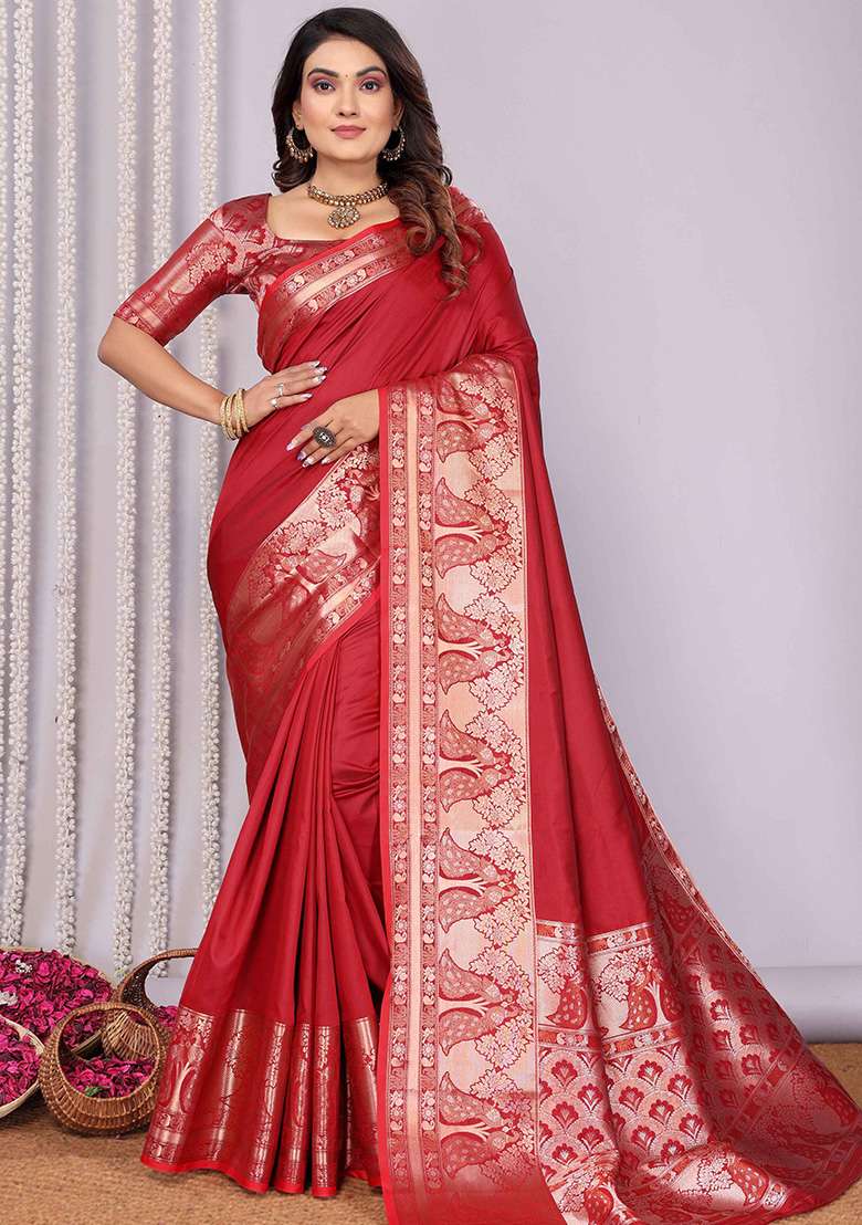 Red Woven Silk Blend Saree Set for Diwali | Wedding & Festive Wear - Indya