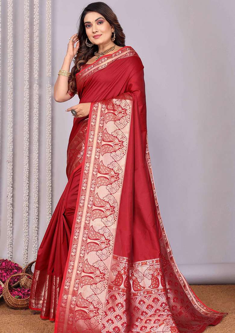 Red Woven Silk Blend Saree Set for Diwali | Wedding & Festive Wear - Indya