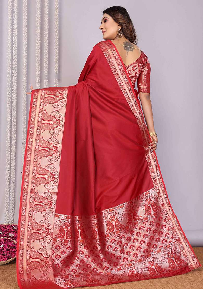 Red Woven Silk Blend Saree Set for Diwali | Wedding & Festive Wear - Indya