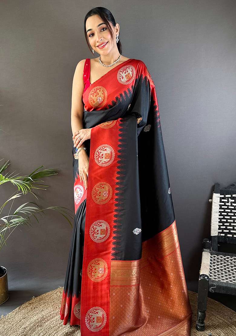 Red Embroidered Silk Saree Set - Indya