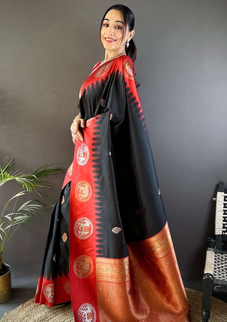 Red Embroidered Silk Saree Set - Indya