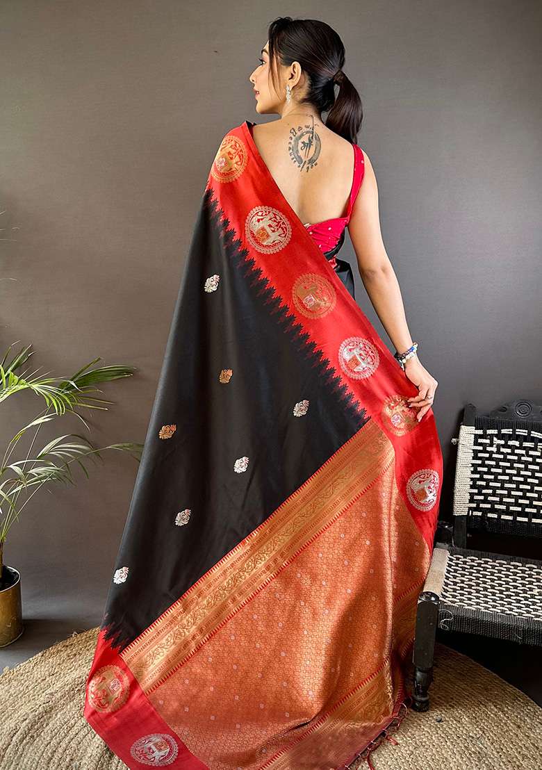 Red Embroidered Silk Saree Set - Indya