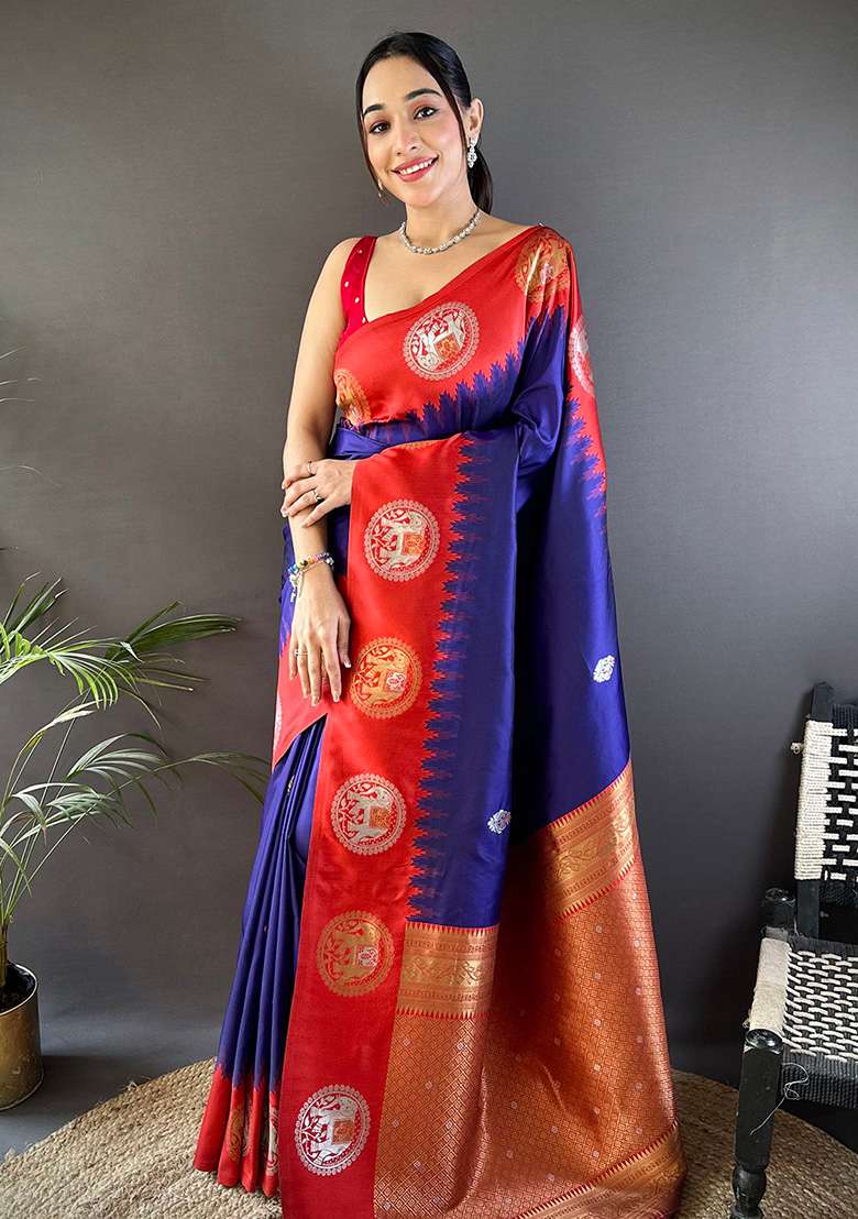 Red Silk Blend Saree Set with Embroidered for Diwali | Wedding & Festive Wear - Indya