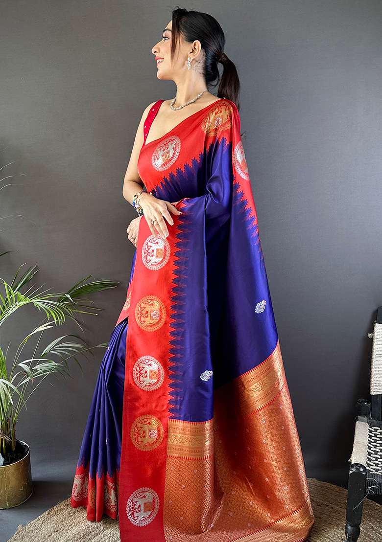 Red Silk Blend Saree Set with Embroidered for Diwali | Wedding & Festive Wear - Indya