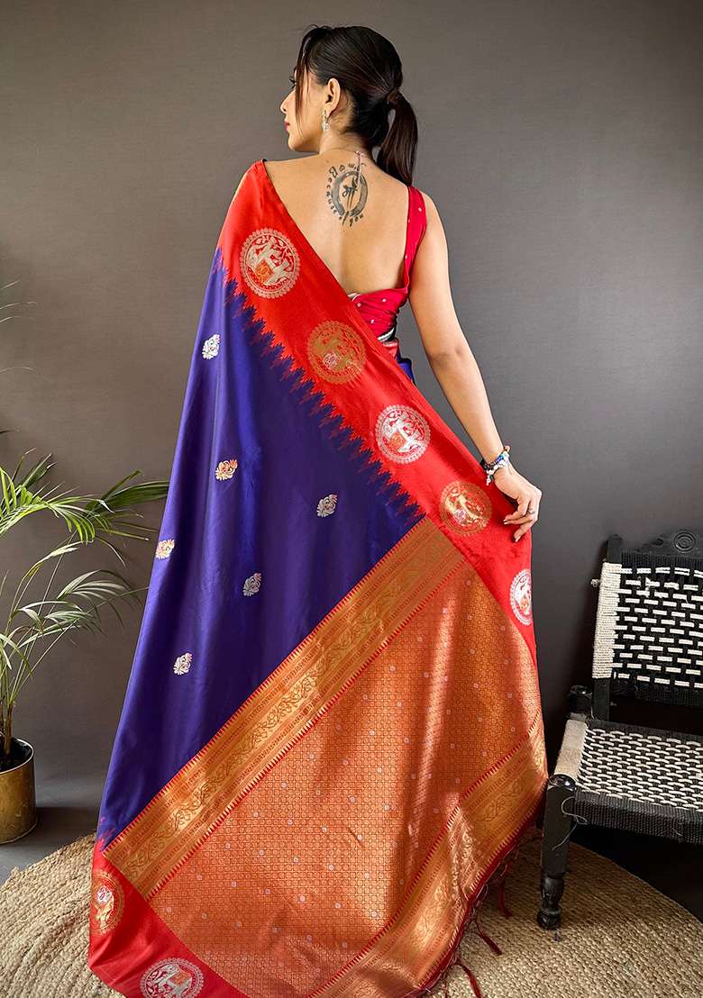 Red Silk Blend Saree Set with Embroidered for Diwali | Wedding & Festive Wear - Indya