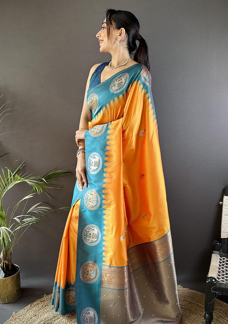 Teal Embroidered Silk Saree Set