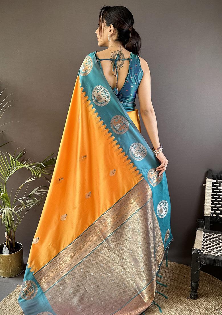 Teal Embroidered Silk Saree Set
